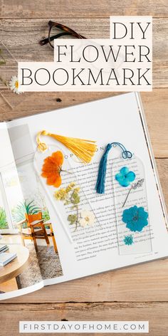 Two pressed flower bookmarks sitting on an open book. Text overlay reads "DIY Flower Bookmarks". Flower Bookmark Diy, Pressed Flower Craft, Easy Flower Craft, Pressed Flower Bookmarks, Craft Night Projects, Pressed Flower Bookmark, Craft For Beginners, Pressing Flowers, Bookmark Diy