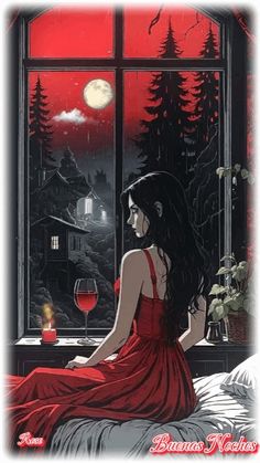 a woman in a red dress sitting on a bed looking out a window at the night