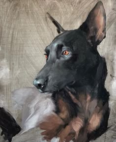 a painting of a black and brown dog with orange eyes