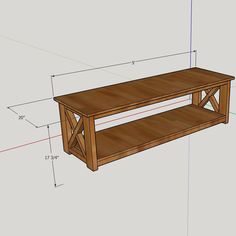 a coffee table with measurements for the top and bottom section, including two shelves on each side