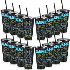 six black game on tumblers with neon designs