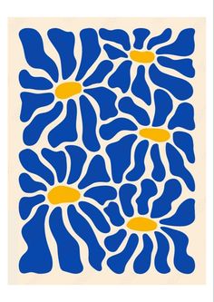 a blue and yellow flower pattern on a white background with an orange center in the middle