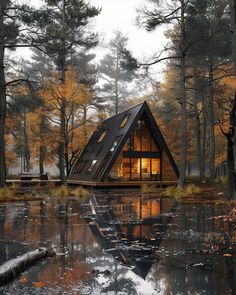 a small cabin in the middle of a forest with trees surrounding it and water reflecting on the ground