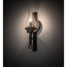 a wall light with a glass shade on it's side and a metal arm