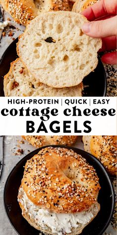 an image of bagels with cream cheese on top and the text high protein quick easy cottage cheese bagels