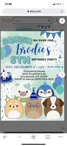 an image of a birthday party with animals on the front and back of the card