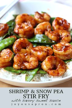 shrimp and snow pea stir fry with white rice