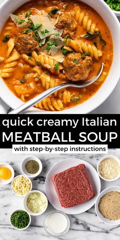 meatball soup in a white bowl with ingredients around it