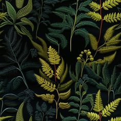 a painting of green plants and leaves on a black background