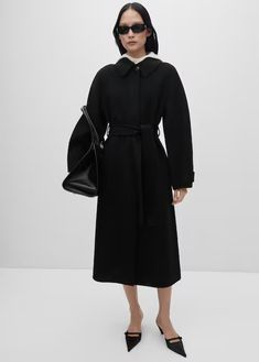 Black Belted Wool Coat, Work Fits, Longline Jacket, Coat With Belt, Silk T Shirt, Contemporary Wardrobe, Black Wool Coat, Collared Coat