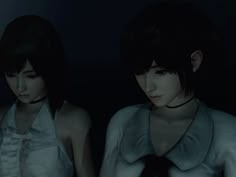 two young women standing next to each other in front of a dark background, one wearing a white shirt and the other wears a red tie