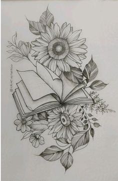 a drawing of a book with flowers and leaves on the pages, in front of a white background