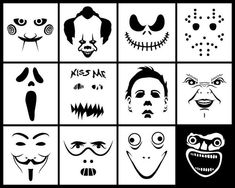 an assortment of scary faces in black and white