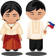 two people dressed in traditional clothing and holding a small flag, standing next to each other