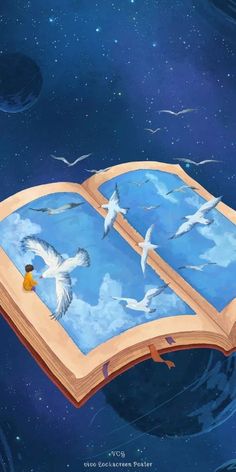 an open book with seagulls flying in the sky and on top of it