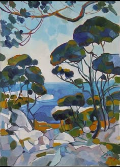 an abstract painting of trees and rocks