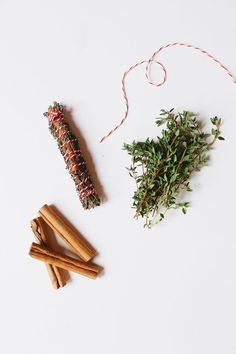 cinnamon sticks, sprigs and some herbs on a white surface