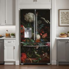 the refrigerator is decorated with flowers and fruit