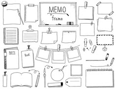 a collection of hand drawn memos and notepads on a white background illustration