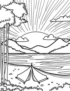 a camping scene with a tent and trees