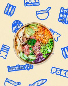 a bowl filled with lots of different types of food on top of a blue and white background