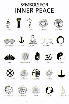 symbols for inner peace are shown in black and white, with the names below them