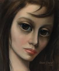 a painting of a woman's face with long brown hair and blue eyes is shown