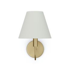 a gold wall light with a white shade on the side and a white lampshade