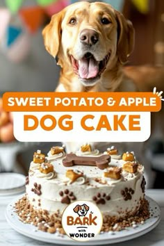 a dog sitting in front of a cake with the words, sweet potato & apple dog cake