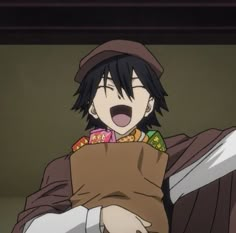 an anime character holding a bag with his mouth open