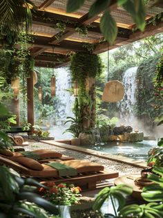 an indoor pool surrounded by greenery and hanging lights is pictured in this rendering image