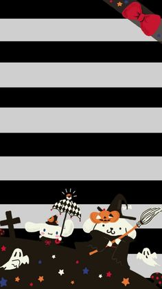 a halloween scene with pumpkins, ghostes and other things on the ground in front of a black and white striped background