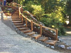 there is a set of wooden stairs going up the side of a hill with plants growing on it