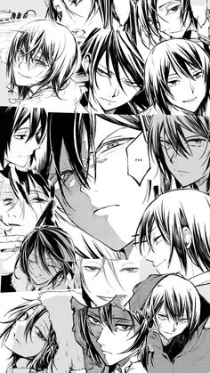 an anime scene with many different faces and hair, all in black and white colors