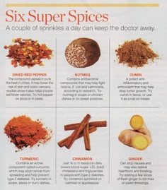 an advertisement with different spices and spice mixes on it's side, including cinnamons, turment, ginger, gin