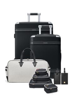 Everything you need for the perfect getaway. The Essential Set Plus is made up of five best-sellers—the Aviator Carry-On Plus and Aviator Grand, the world’s first carbon-neutral suitcases; the Packing Cube Quad Set, a sustainable storage system designed to fit perfectly in your luggage; the Grand Tour Duffle, the spill-proof and ultra-chic duffle; and two Luggage Tags made from recycled vegan leather. Five best-sellers. All sustainable. All ready to make your next adventure (and getting there) a Matching Suitcase Set, The Grand Tour, Shopify Marketing, The Aviator, Accessories Packing, Packing Cubes, Carbon Neutral, Money Aesthetic, Travel Places