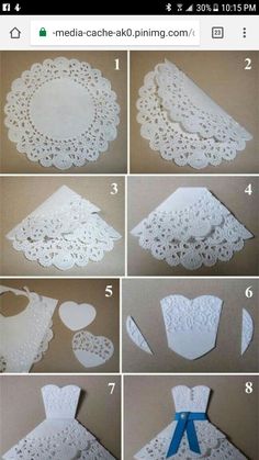 the instructions to make a paper dress with laces and bows on it, including an origami heart