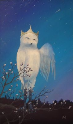 a painting of an owl with a crown on it's head sitting on a tree branch