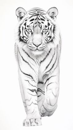 A detailed vector illustration displaying the elegance and strength of a tiger. Black And White Tiger Drawing, Detailed Animal Drawings, Tiger Tattoo Design For Women, Tiger Drawing Sketches, Tiger Tattoo Stencil, White Tiger Art, Tiger Art Drawing, White Tiger Tattoo, Lion Art Tattoo