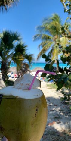 a coconut drink with a straw in it sitting on the beach next to palm trees