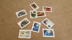 several polaroid pictures are laying on the floor next to each other, with one person holding a baby