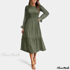 Olivia Mark - Ruffled Layered A-line Midi Dress with Bell Sleeve Sunday Fashion, Short Large, Layered Short, Nails Natural, Flare Long Sleeve, Crewneck Dress, Dress Clothes, Bell Sleeve Dress, Family Pics