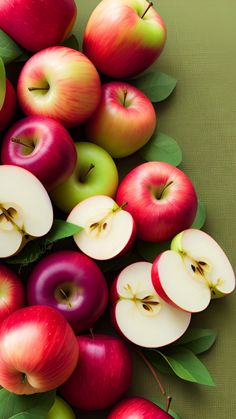 an arrangement of red and green apples with leafy stems on a brown background, top view