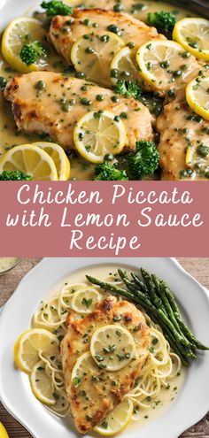 chicken piccata with lemon sauce and asparagus on a white plate next to the recipe