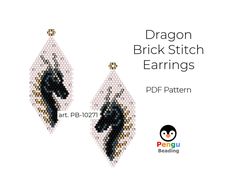 the dragon brick stitch earrings pattern is shown in black and white, with gold accents