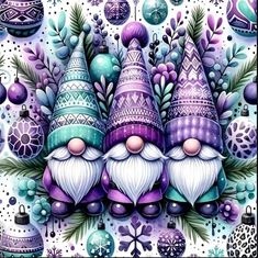 a painting of gnomes surrounded by christmas decorations