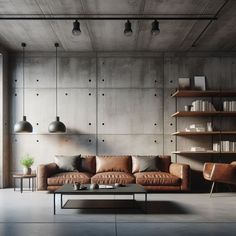 a living room filled with furniture and lots of shelves on the wall above it's windows