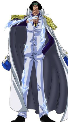 an anime character dressed in white and blue with his hands on his hips, standing