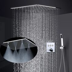 an overhead shower head with rain coming from it