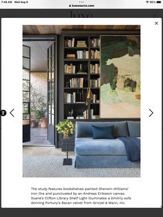 a living room filled with furniture and bookshelves